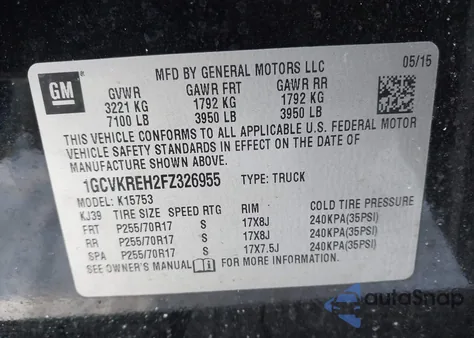 2015 Chevrolet Silverado 1500 1Lt from USA, damaged, VIN 1GCVKREH2FZ326955
